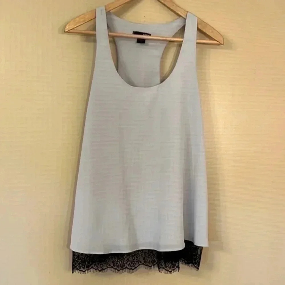 Aqua Gray with Black Lace Hem Dressy Tank Cami Size Small